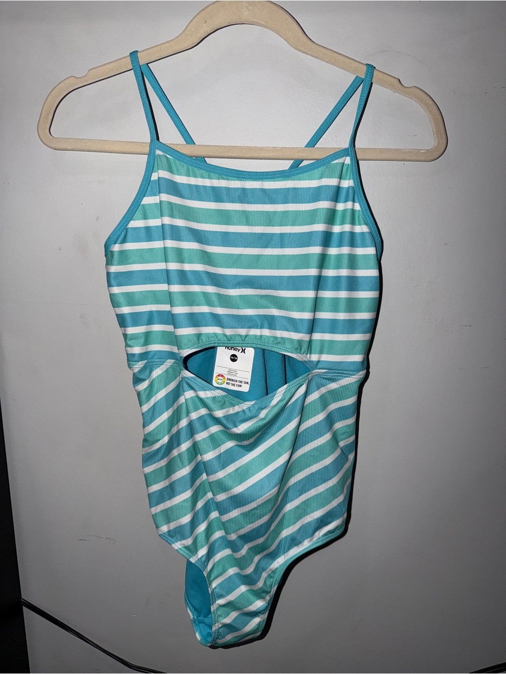 Hurley Aqua and White Striped Kids One-Piece Swimsuit